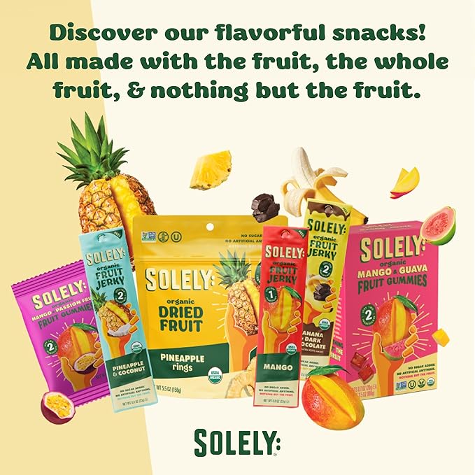 SOLELY - Organic Dried Mango Strips with Chili and Salt (2.8 oz Resealable Bags Pack of 5) Real Fresh Fruit - Healthy Snacks for Adults &amp Kids - Non GMO Vegan Snacks Shelf Stable - 5 Bags (14 o