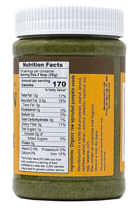crait Organic Raw Sprouted Pumpkin Seed Butter Single Ingredient No Sugar No Salt Vegan Palm-Oil Free Gluten Free Creamy Texture Healthy Butter Peanut Butter Alternative Made in the USA (16