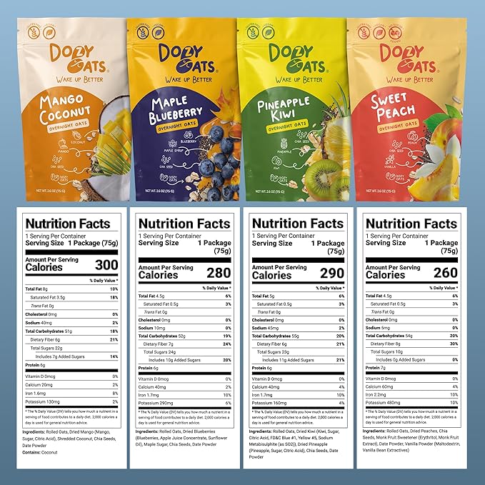 Dozy Oats Overnight Oatmeal Packets Fruity Faves Variety Box with Rolled Oats Chia Seeds Date Powder and Dried Fruit. Gluten-Free Natural Source of Protein and Fiber 16-Pack