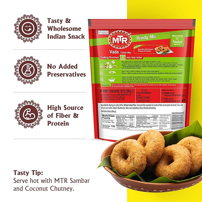 MTR Instant Vada Mix - Ready to Cook Authentic Indian Breakfast Lunch Dinner or Snack Meal - No Added Preservatives - A Quick &amp Easy Recipe Suitable for Vegetarians - (200g Pack of 6)