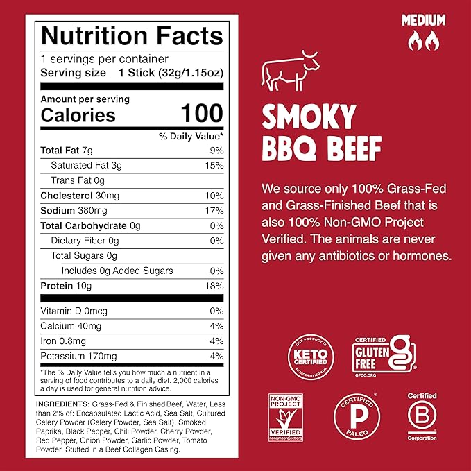 Chomps Grass-Fed and Finished Smoky BBQ Seasoned Beef Jerky Snack Sticks 24-Pack - Keto Paleo Whole30 10g Lean Meat Protein Gluten-Free Zero Sugar Food Non-GMO
