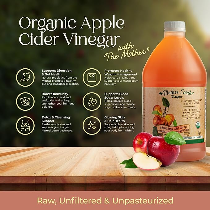 Mother Earth Organic Apple Cider Vinegar with The Mother Half Gallon Fresh Pressed Organic Apples OACV ACV Raw Unpasteurized Unfiltered (1/64oz Bottle)