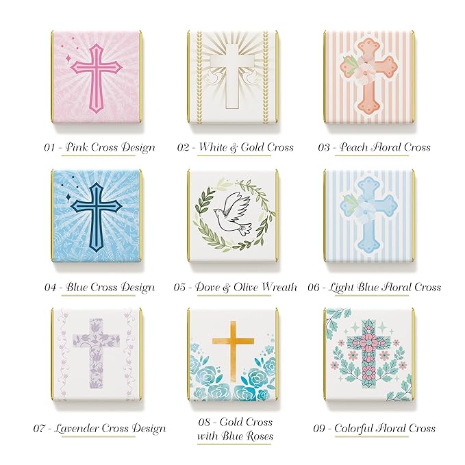 Baptism Favor Chocolates – 9 Cross Designs 7g Neapolitan Mini Bars Religious Party Favors Bulk Pack (50 pcs)