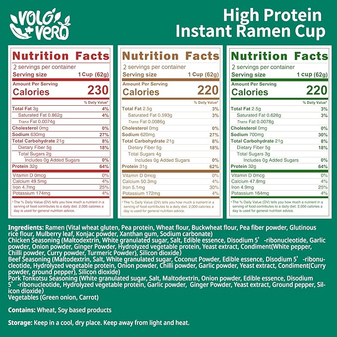 VOLO VERO High Protein Ramen Cups 14-Count Variety Flavors Plant-Based Vegan Non-Fried Low Fat Quick and Convenient Meals