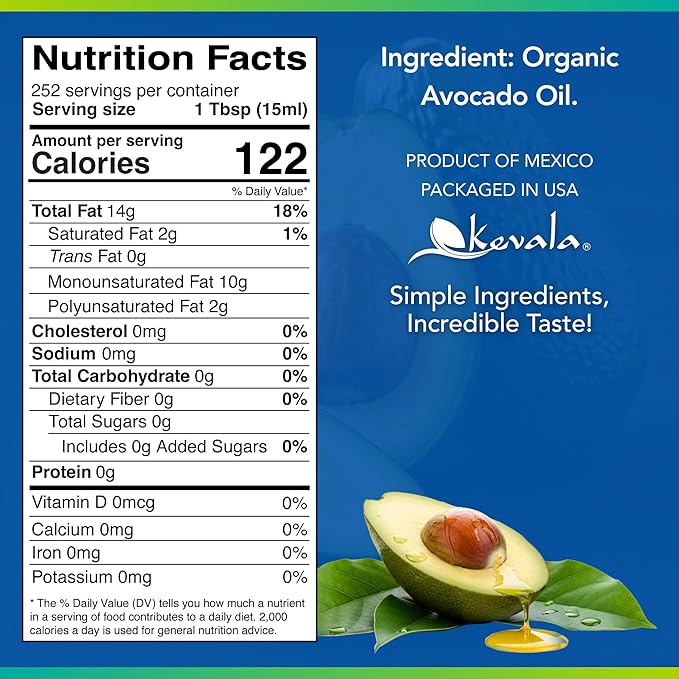 Kevala Organic Avocado Oil - 128 fl oz - 3.7 L - 1 Gallon - Avocado Oil for Cooking - Organic Cold Pressed – High Smoke Point – For Skin and Hair