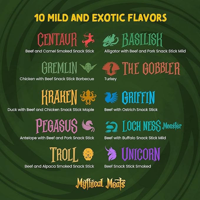 Mythical Meats Cryptid Sunrise Mild Variety Pack – 10 Legendary Exotic Game &amp Beef Snack Sticks – Dried &amp Dehydrated Meats Seasoned to Perfection – Bold Flavors Low Sugar &amp High Protein S