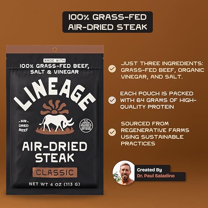 Lineage Provisions 100% Grass Fed Air-Dried Steak - Nutrient-Dense Carnivore Snacks - Tender Beef Jerky Bites - Keto-Friendly Steak Jerky - Zero Sugar Zero Carbs - High Protein Snack - 3-Pack