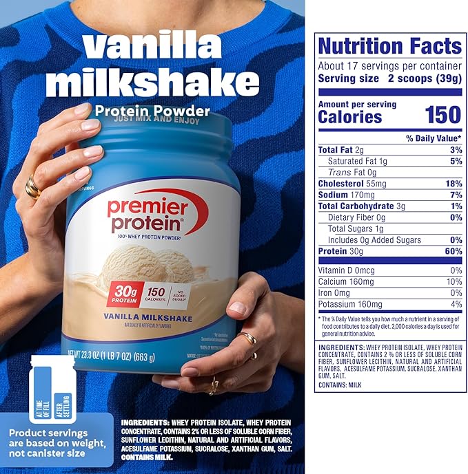 Premier Protein Powder Vanilla Milkshake 30g Protein 1g Sugar 100% Whey Protein Keto Friendly No Soy Gluten Free 23.3 oz (17 Servings)
