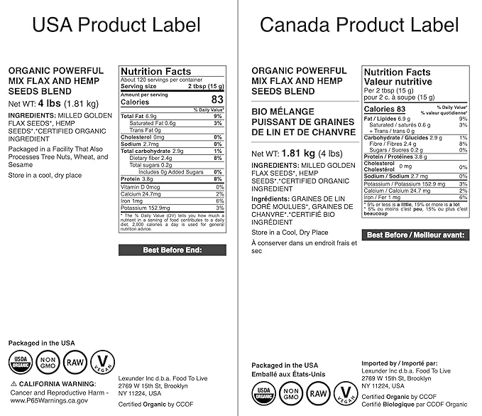 Food to Live - Organic Powerful Flax and Hemp Seeds Blend 4 Pounds — Non-GMO Mix of Raw Hemp Hearts and Cold-Milled Golden Flaxseeds Vegan Kosher