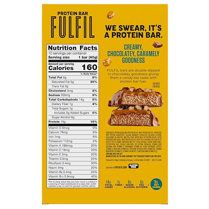 FULFIL Protein Snack Bars Chocolate Salted Caramel Flavored Gluten Free with 15g Protein Pantry Staples 12 Count