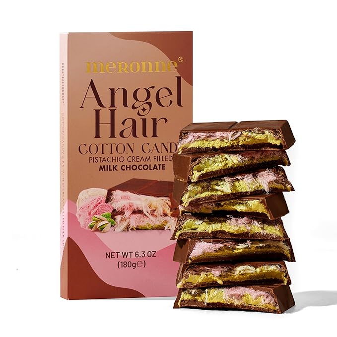 Meronne® Angel Hair Milk Chocolate Bar – 6 Pack (6.35 oz Each 180g) – 34% Milk Chocolate with Pistachio Cream &amp Angel Hair Cotton Candy – Handmade – No Artificial Colors or Preservatives