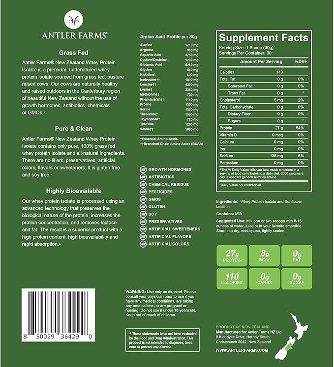 Antler Farms - 100% Grass Fed New Zealand Whey Protein Isolate Unflavored 2 lbs - Pure and Clean 2 Ingredients Delicious Cold Processed