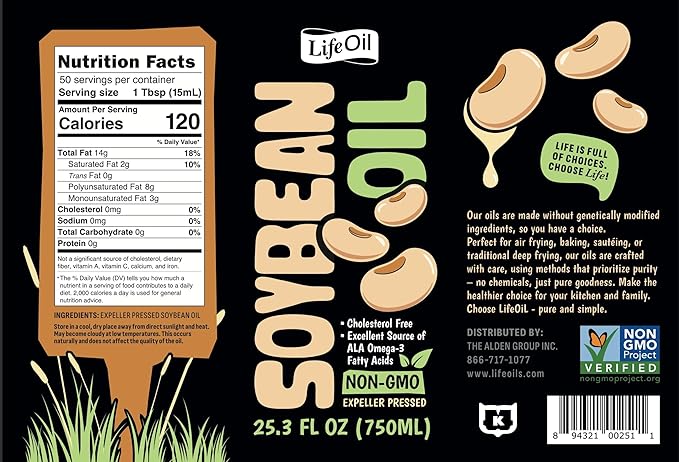 LifeOiL Soybean Oil Expeller-Pressed Non-GMO High-Heat Cooking Oil 25.3 fl oz (750 mL) 2-Pack Squeeze Bottles