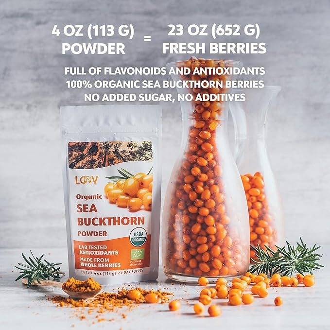 LOOV Organic Sea Buckthorn Berry Powder High in Fiber Omegas Vitamin C Vitamin E Made from Whole Berries 4 Oz Grown in Nordic Climate 23-Day Supply No Added Sugar Non-GMO