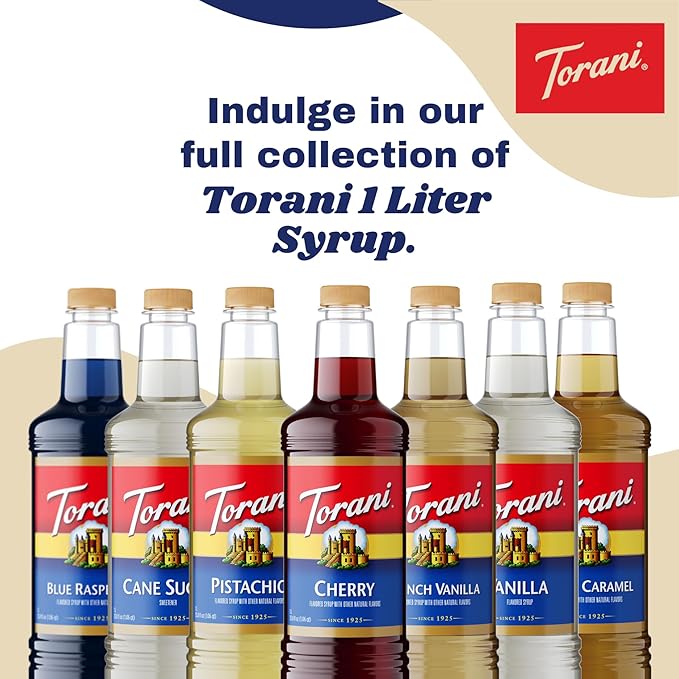 Torani Raspberry Syrup 1 Liter Bottle with Pump – Premium Sweet &amp Tart Berry Flavoring with Pure Cane Sugar for Coffee Lemonade Iced Tea Italian Sodas Cocktails &amp Desserts