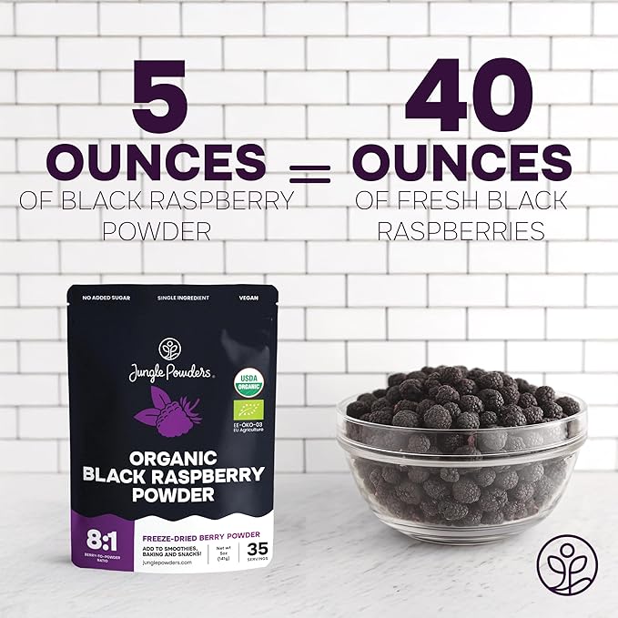 Jungle Powders Organic Black Raspberry Powder 5 Ounce Bag USDA Organic Freeze Dried Raspberries Fruit Whole Berry for Baking Additive Filler Free Superfood Extract Rasberries Smoothies Dehydrated