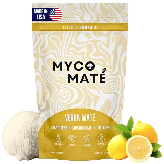MycoMate Lifted Lemonade Instant Yerba Mate Powder with 4 Functional Mushrooms Collagen &amp Adaptogens Clean Energy Drink Mix for Focus Gut Health &amp Immunity No Sugar 30 Servings