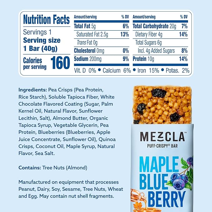 Mezcla Puff-Crispy Plant Based Protein Bars - Maple Blueberry - Healthy Snacks for Adults &amp Kids - Granola Bars for School Travel Office Snacks - Gluten Free Vegan Non GMO 10g Protein - 12 Co