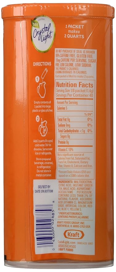 Crystal Light Natural Green Tea Peach Mango Drink Mix (30 Pitcher Packets 6 Canisters of 5)