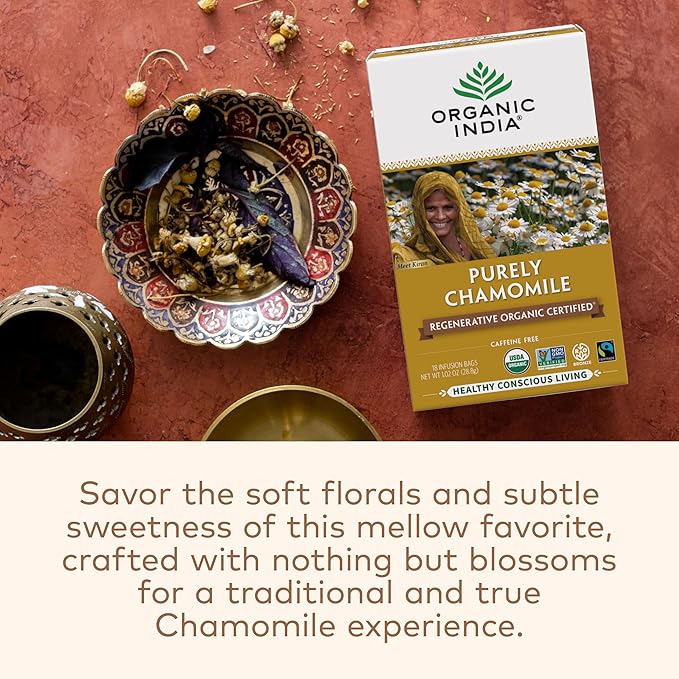 Organic India Purely Chamomile Tea - Regenerative Organic Chamomile Flowers Caffeine Free Calming &amp Relaxing Herbal Tea Natural Support for Sleep &amp Relaxation - 18 Bags Pack of 3