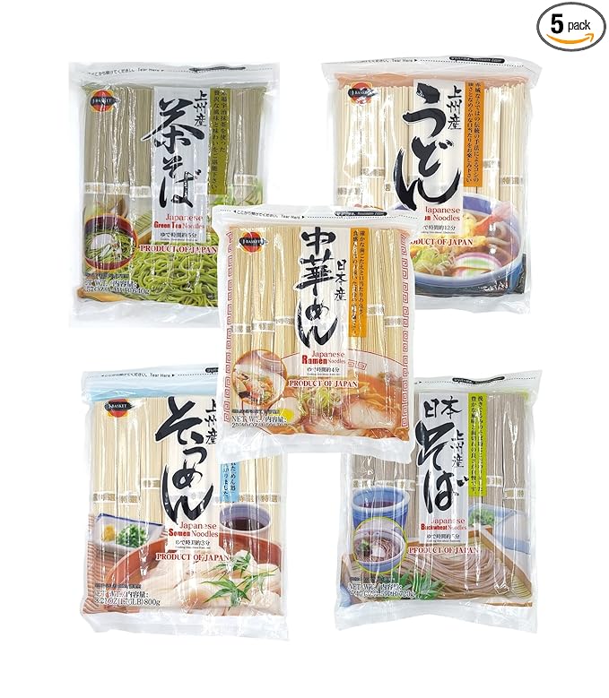 J-Basket Japanese Noodles 5-Pack Set - Ramen Udon Somen Buckwheat Green Tea (RAMEN-UDON-SOMEN-BUCKWHEAT-Green Tea1EA)