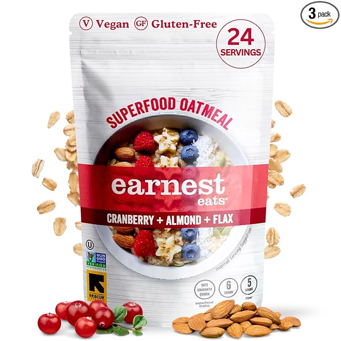 Earnest Eats Superfood Oatmeal – Cranberry Almond Flax – Vegan Gluten-Free 6g Plant Protein 5g Fiber No Added Sugar 24 Servings Total (3 Pack)