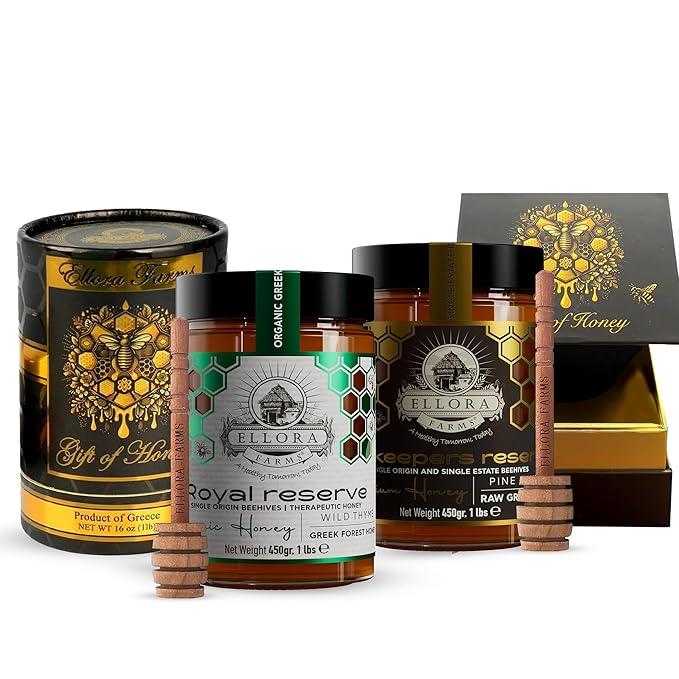 Ellora Farms Organic Greek Honey Bundle – Wild Thyme &amp Pine-Thyme Raw Unfiltered Award-Winning Preservative-Free Gift Pack with Dipper Pure Cold-Pressed – 2 x 450g