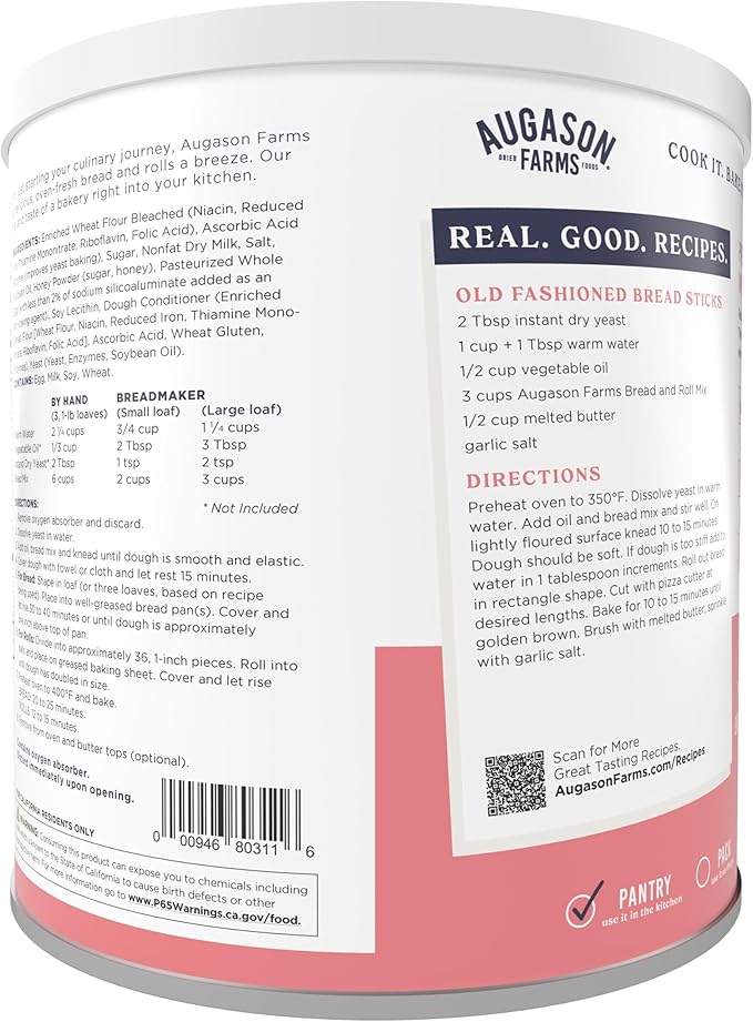 Augason Farms Bread and Roll Mix Can Emergency Food Supply48 Servings10 Year Shelf Life - Makes 6 Loaves or 72 Bread Rolls for Prepared Meals Ready to Eat(Pack of 3)