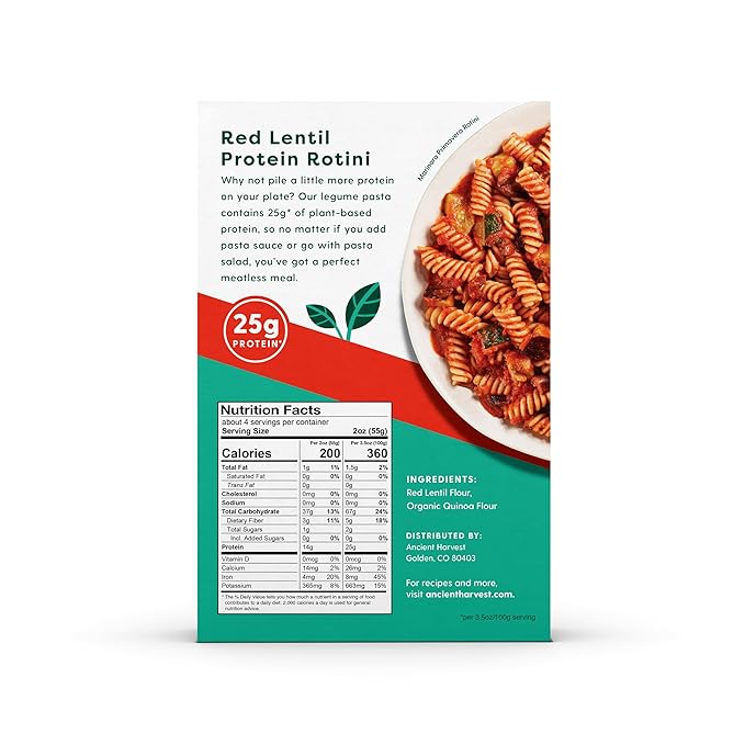 Ancient Harvest Gluten-Free Plant-Based High-Protein Vegan Pasta Red Lentil and Quinoa Rotini 8 Ounce Boxes (Pack of 6)