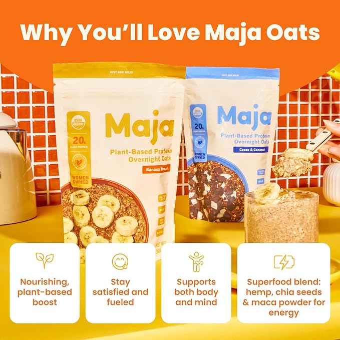 Maja Organic Plant-Based Protein Banana Bread Overnight Oats 13 oz Multi-Serve (2-Pack) | 20g Protein Vegan Gluten-Free Instant Oatmeal | Quick &amp Filling Breakfast with Clean Ingredients