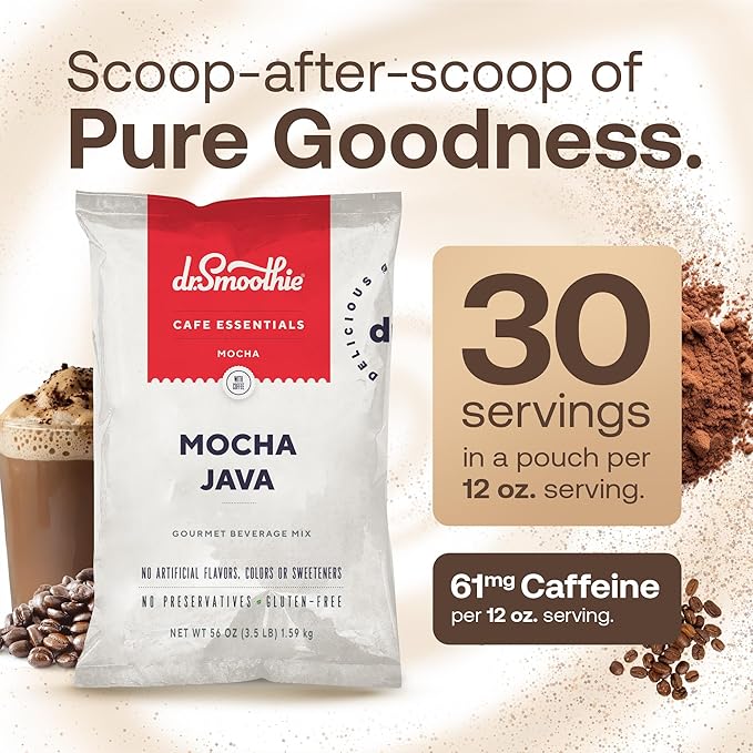 Dr. Smoothie Café Essentials Mocha Java – No Artificial Colors Flavors or Sweeteners – Shelf Stable – 61mg of Caffeine per Serving – Great for Hot Iced &amp Frozen Frappes (3.5 lb Bag 30 Serving