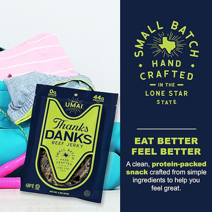 Thanks Danks - Umai - Small Batch Grass-Fed Steak Jerky - Sugar Free Gluten Free Nitrate Free - Guilt-Free Protein Snack - 57g (3 Pack)