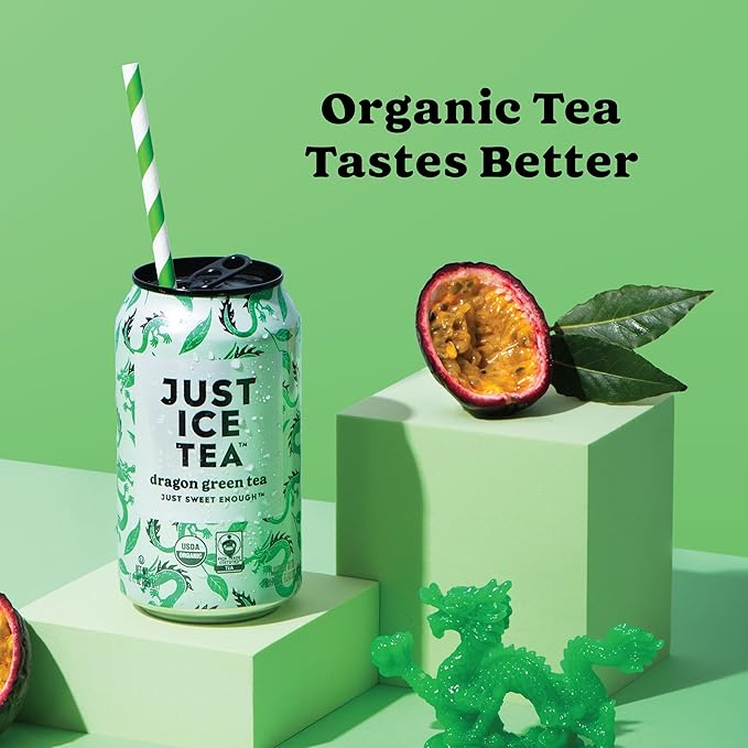Just Ice Tea Dragon Green Iced Tea 12-Pack (12oz Cans) Green Tea USDA Certified Organic Real Brewed Low Calorie No Artificial Sweeteners Fair Trade Made in USA.