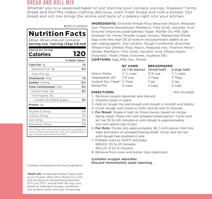 Augason Farms Bread and Roll Mix Can Emergency Food Supply48 Servings10 Year Shelf Life - Makes 6 Loaves or 72 Bread Rolls for Prepared Meals Ready to Eat(Pack of 3)