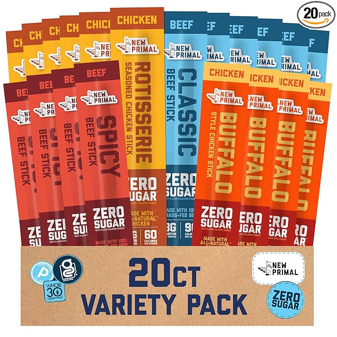 New Primal Meat Sticks Sampler Grass Fed Beef All Natural Chicken Keto Gluten Free Healthy Snacks for Adults Sugar Free Low Carb High Protein Snack Jerky Gift Basket Paleo Whole30 Variety Pack