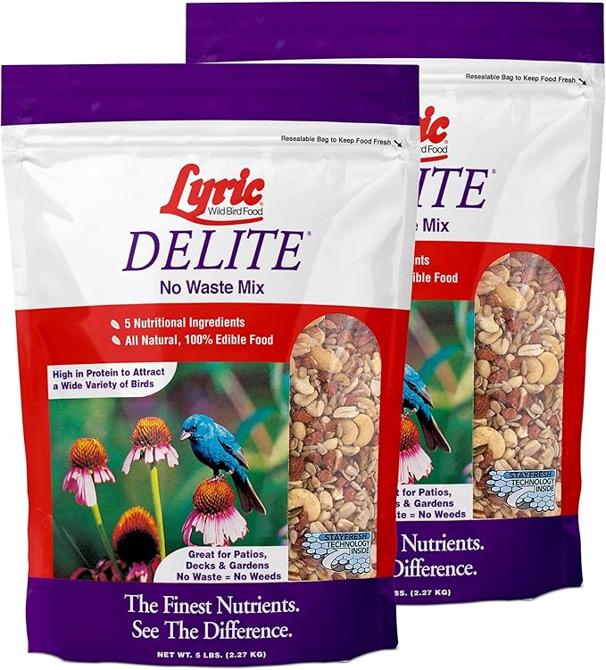 Lyric Delite Wild Bird Seed for Outside Feeders - No Waste Bird Food Nuts &amp Seeds Mix Attracts Buntings Chickadees &amp Finches 10 lb (Pack of 2-5 lb Bags)