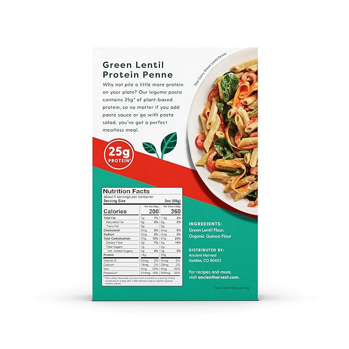 Ancient Harvest Gluten-Free Plant-Based High-Protein Vegan Pasta Green Lentil and Quinoa Penne 8 Ounce (Pack of 6)