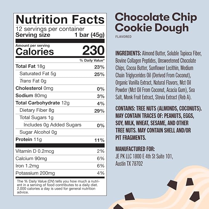 Perfect Collagen Protein Bars Gluten Free Grass Fed Collagen + MCT Oil Low Carb No Sugar Added High Protein Snacks Keto Diet Foods 11g Protein 18g Fat 3g Net Carbs Chocolate Chip 12 Bars