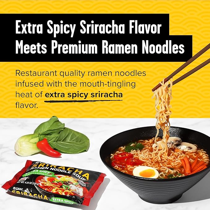 CHOI Sriracha Ramen Noodle Soup Extra Spicy - Pouch 4.23 oz. (120g) Case of 20