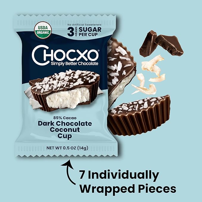 Chocxo Dark Chocolate Coconut Cups - Truly Indulgent Low in Real Sugar Organic Non-GMO Keto Certified Certified Gluten Free and Kosher No Artificial Sweeteners or Sugar Alcohols Decadent 85%