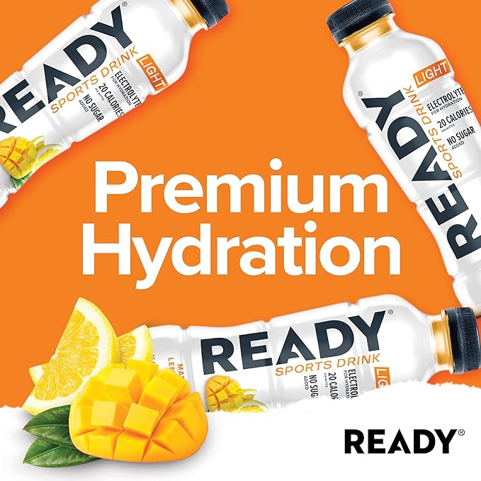 Ready® Sports Drink Light – The Ultimate Low-Calorie Hydration Drink with 4 Different Electrolytes – No Added Sugars – Naturally Sweetened &amp Flavored – Mango Lemonade16.9 oz (12-Pack)