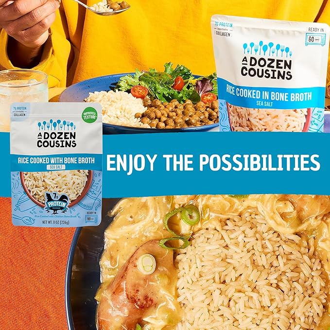 A Dozen Cousins Bone Broth Rice Variety 6pk Ready to Eat Seasoned High Protein Rice Clean Ingredients Sea Salt Classic Spanish Easy Side Dish Halal Chicken Bone Broth Gluten Free 8oz Packets