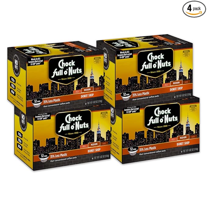 Chock Full o’Nuts Donut Shop Medium Roast K-Cups – Compatible with Keurig Pods K-Cup Brewers (4 Packs of 12 Single-Serve Cups)