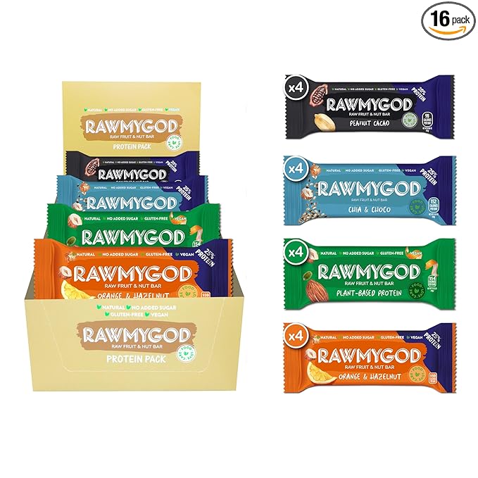 RAWMYGOD Fruit and Nut Bars Gluten Free Vegan No Added Sugar (16 bars Protein Pack - 4 Orange &amp Hazelnut 4 Fruit &amp Nut 4 Chia &amp Choco 4 Peanut &amp Cacao)