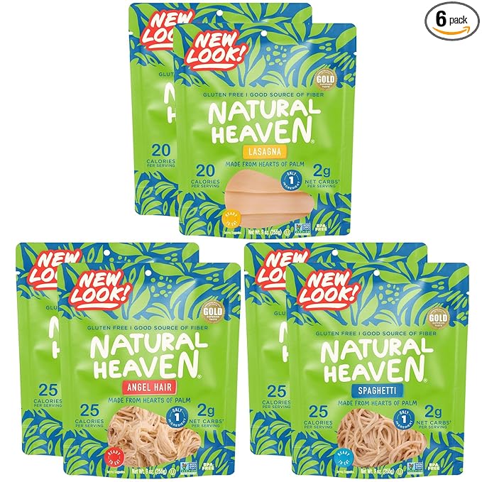 Natural Heaven Hearts of Palm Pasta Variety 6-Pack – Spaghetti Noodles Angel Hair Lasagna Low-Calorie Keto &amp Gluten-Free Food Vegan 9 Oz Ea