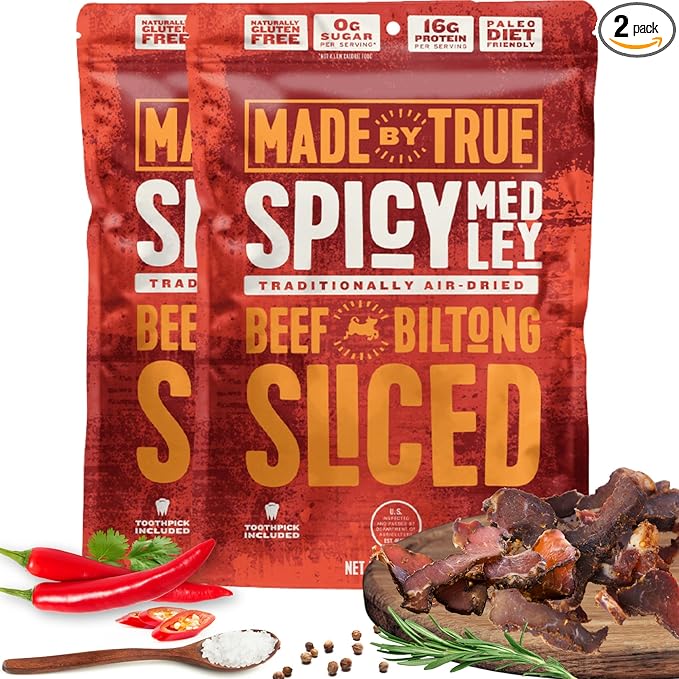 Made by True Beef Sliced Bites - All NaturalTrue Jerky Biltong - High Protein Keto Paleo &amp Whole30 Diet - Sugar-Free Gluten-Free Carb-Free Snack Packs (Spicy Medley 2 Ounce (Pack of 2))