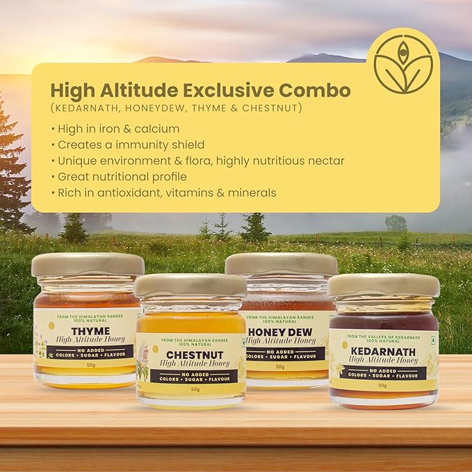 Shiva Organic High Altitude Honey Tasters - Pack of 4 | 50g Each | 200g Total | Explore the Purity of High Altitude Honey