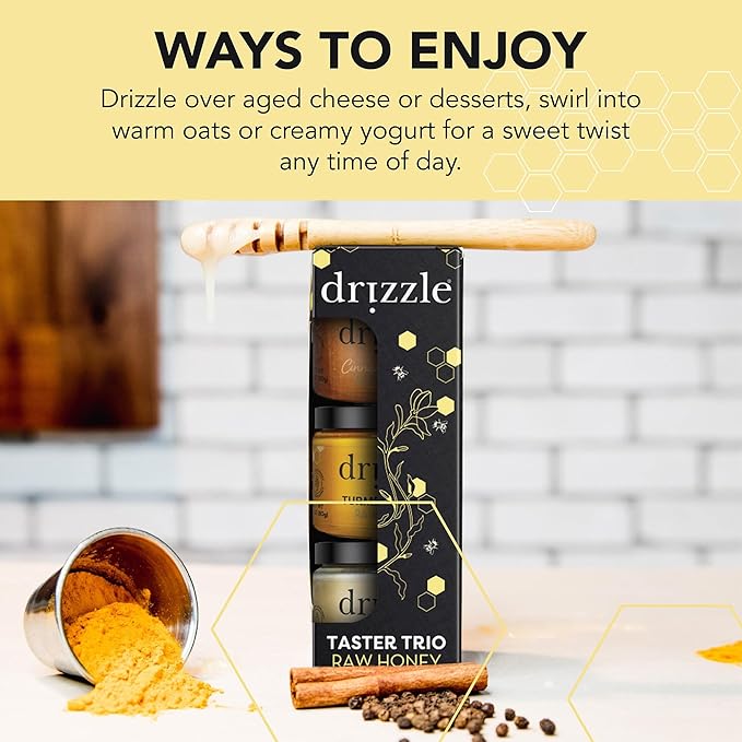 Drizzle Honey Taster Trio - All Natural Pure Raw Honey Unfiltered White Cinnamon Spiced &amp Turmeric Gold Mini Jars Use in Tea &amp Coffee Sugar Substitute Certified Kosher - Pack of 6