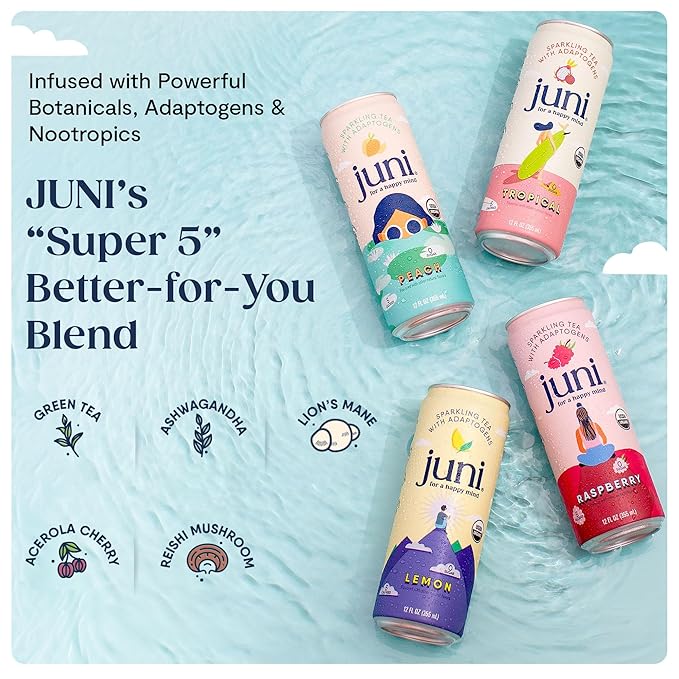 Juni Sparkling Adaptogen Drink with Ashwagandha Lion’s Mane &amp Reishi Mushrooms | Green Tea for Focus Zero Sugar 5 Calories Organic | Non Alcoholic Drinks - Variety Pack 12 pack