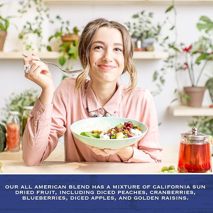Traina Home Grown All American Dried Fruit Blend - Peaches Sweetened Cranberries Golden Raisins Sweetened Blueberries Apples - Non GMO Gluten Free Vegan Healthy Real Fruit Snack in Resealable P